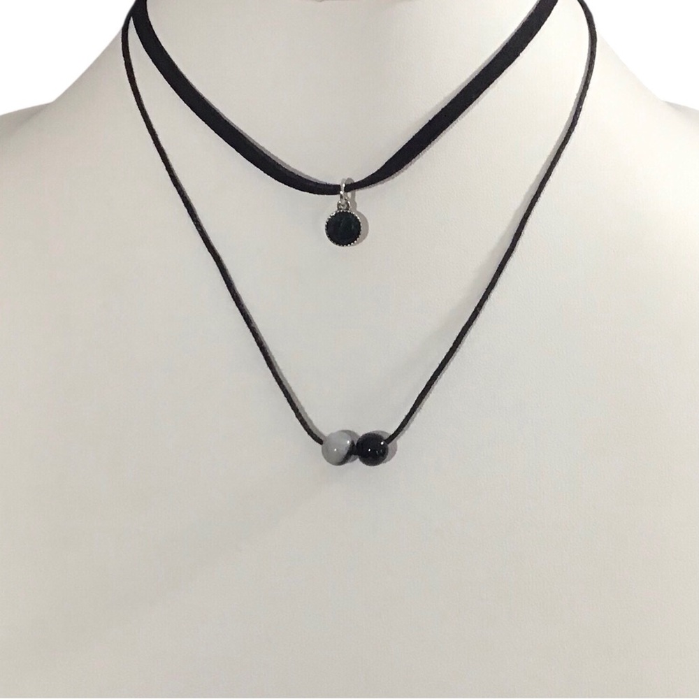 Two Necklaces Black Gray Silver Tone Chain Flat Velvet Cord Fashion Jewelry